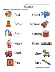 Antonyms Worksheets For Kindergarten