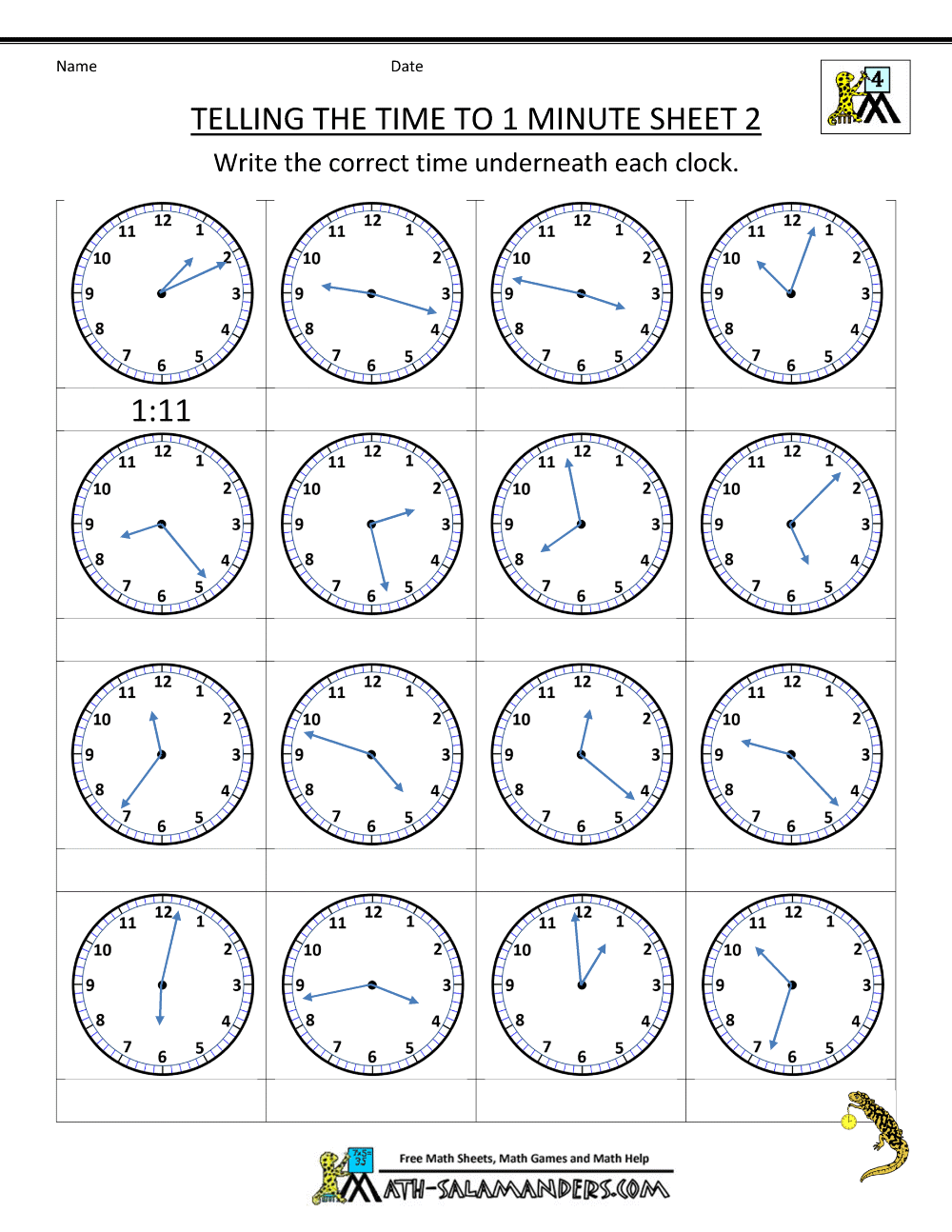 Printable Telling Time To The Minute Worksheets