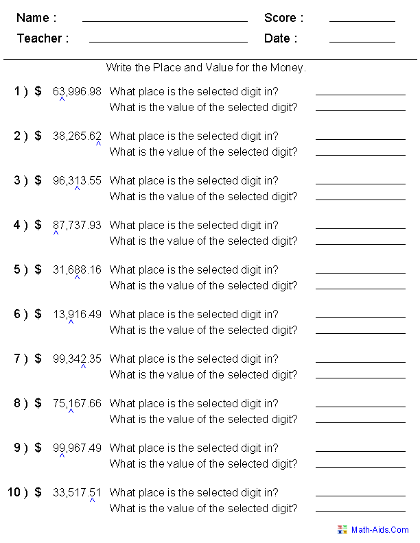 Grade 6 Math Worksheets Place Value