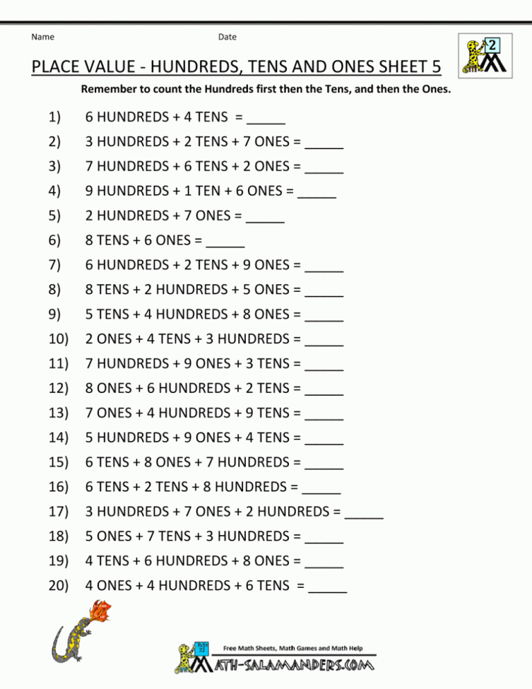 Hundreds Tens And Ones Worksheets Grade 2