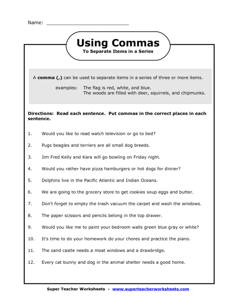 Comma Worksheets 5th Grade