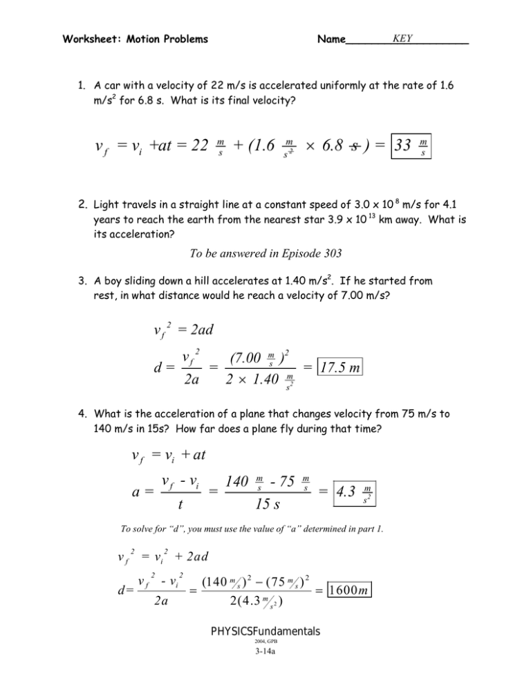 Speed Velocity And Acceleration Worksheet With Answers
