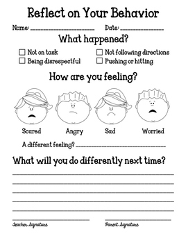 Behavior Reflection Sheet Kindergarten