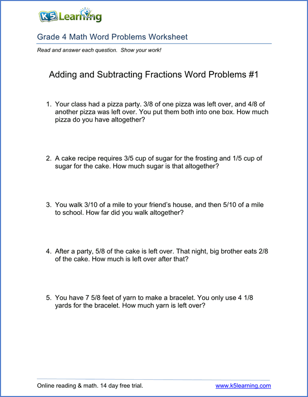 Grade 4 Addition And Subtraction Word Problems Worksheets