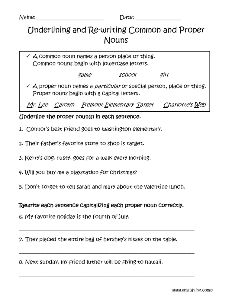 Common Noun And Proper Noun Worksheet For Grade 3
