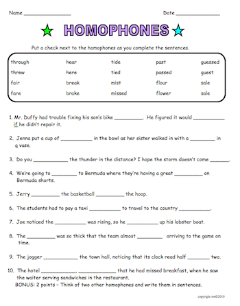 Homophones Worksheets With Answers Pdf
