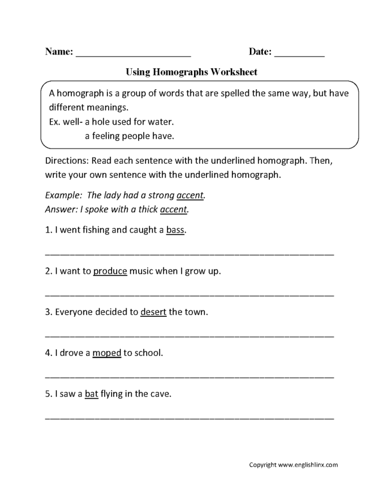 Homographs Worksheets With Answers