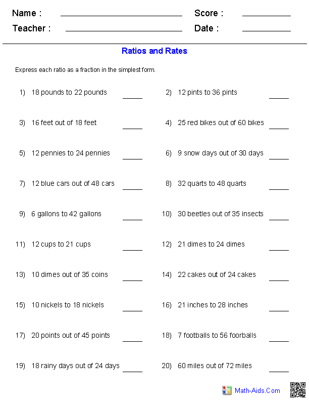 Answer Key 6th Grade Math Ratios Worksheets