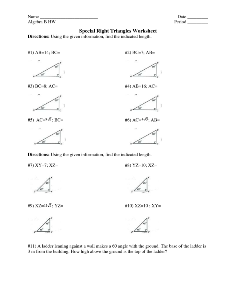 Trigonometry Solving Right Triangles Worksheet