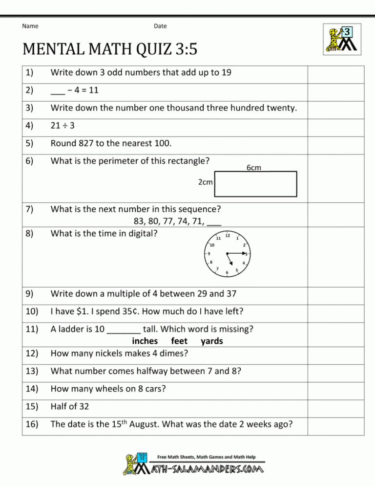 4th Grade Mental Math Worksheets Grade 4