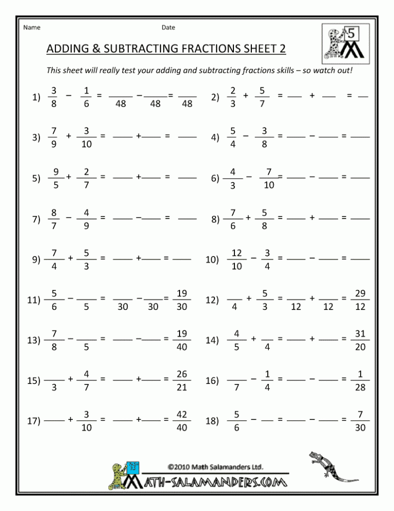 Addition Fractions Worksheets Grade 7