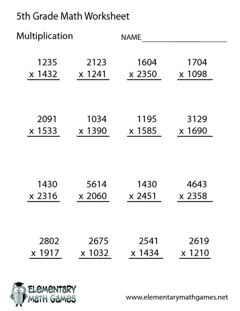 5th Grader Multiplication Math Worksheets Grade 5