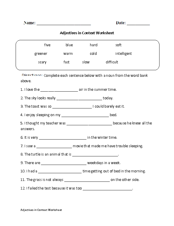 Adjectives Worksheets With Answers Pdf