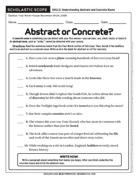 Concrete And Abstract Nouns Worksheets Grade 4