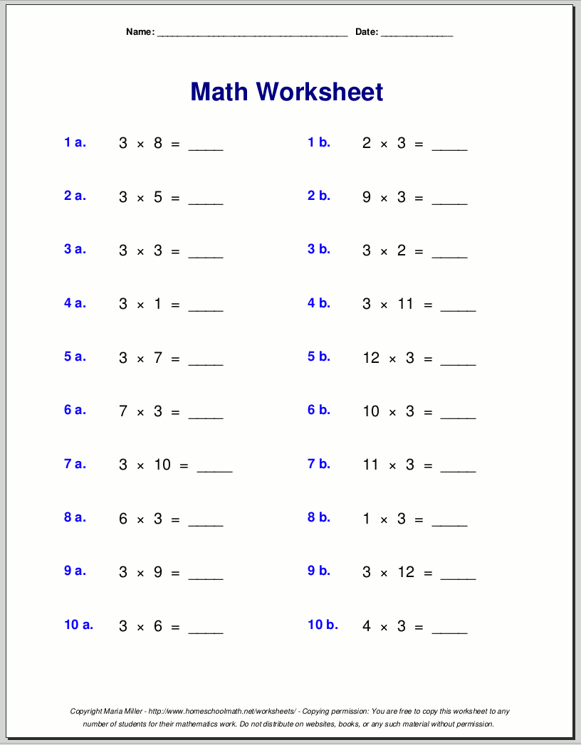 Free Printable Multiplication Worksheets