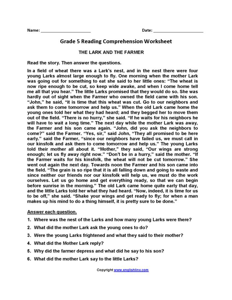 Fifth Grade Grade 5 Reading Comprehension Worksheets Pdf
