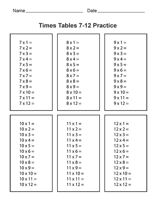 Times Tables Worksheets 1 To 12