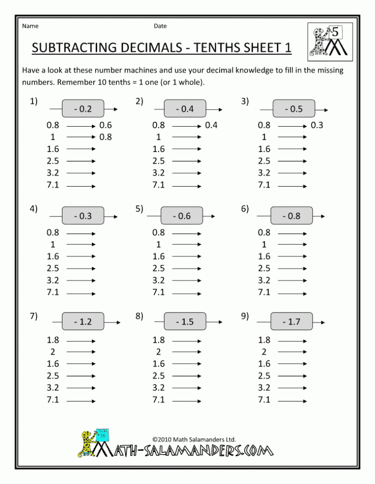 Adding And Subtracting Decimals Worksheets 5th Grade Answer Key