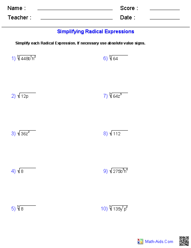 Adding And Subtracting Radicals With Variables Worksheet