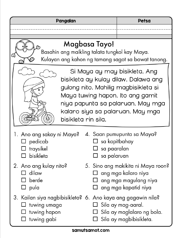 Grade 1 Reading Worksheets Tagalog