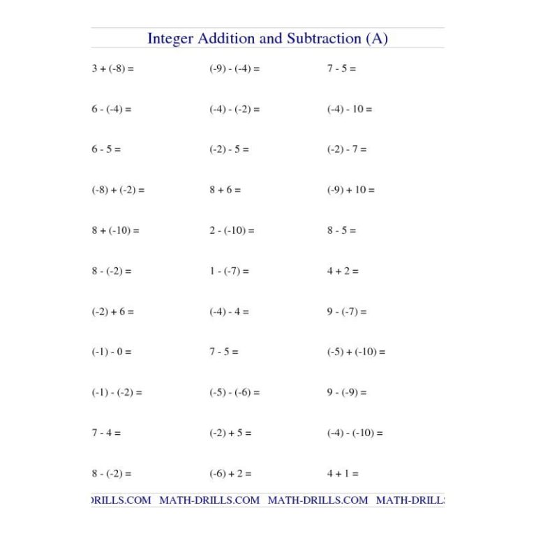Adding Integers Worksheet Grade 7