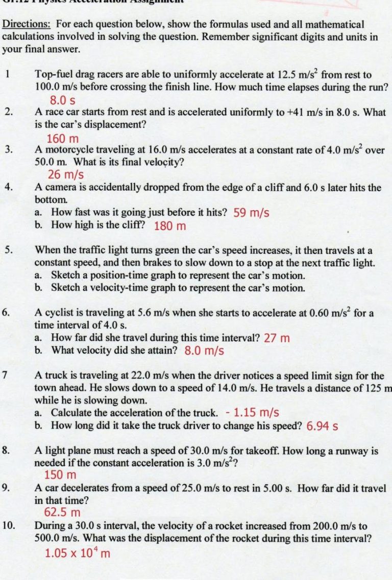Acceleration Worksheet Answers