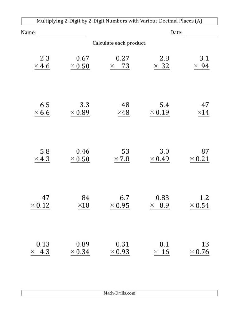 Decimal Multiplication Worksheet Pdf