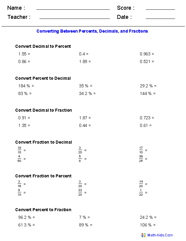 Decimal To Fraction To Percent Worksheet
