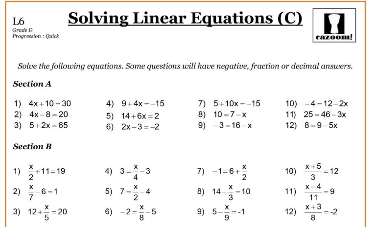 9th Grade Linear Equations With Fractions Worksheet