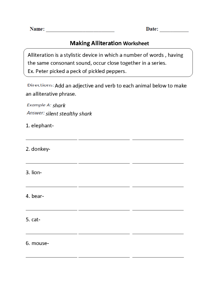 Alliteration Worksheets Pdf