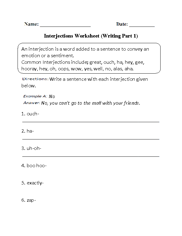 Interjections Worksheet Grade 4