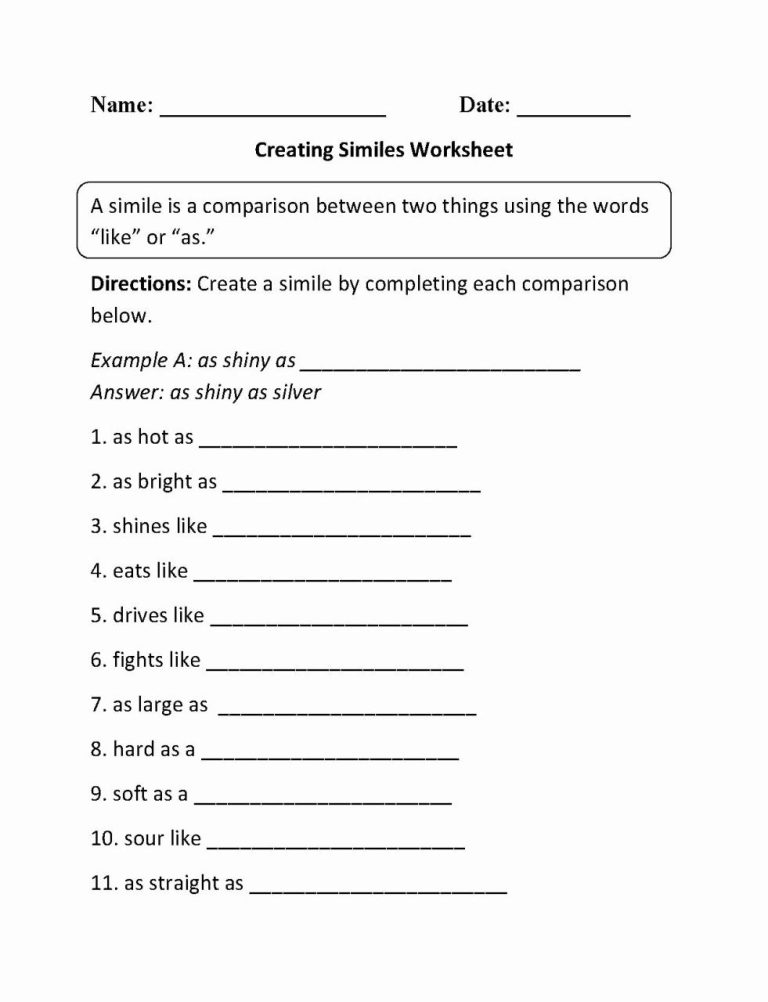 Metaphor Worksheets For Grade 6