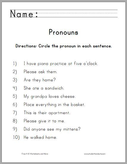 English Worksheets For Grade 4 Pronouns
