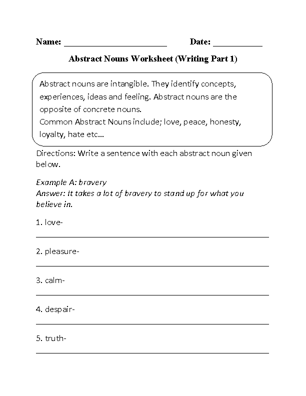 4th Grade Abstract Noun Worksheets For Class 5