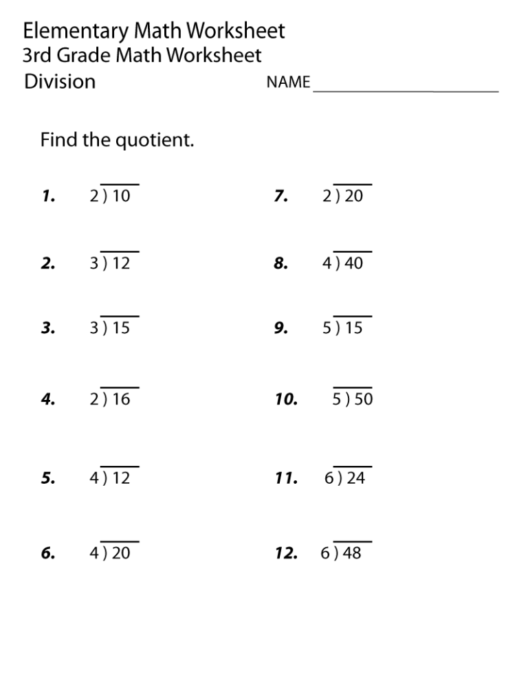 Printable 3rd Grade Math Worksheets Division