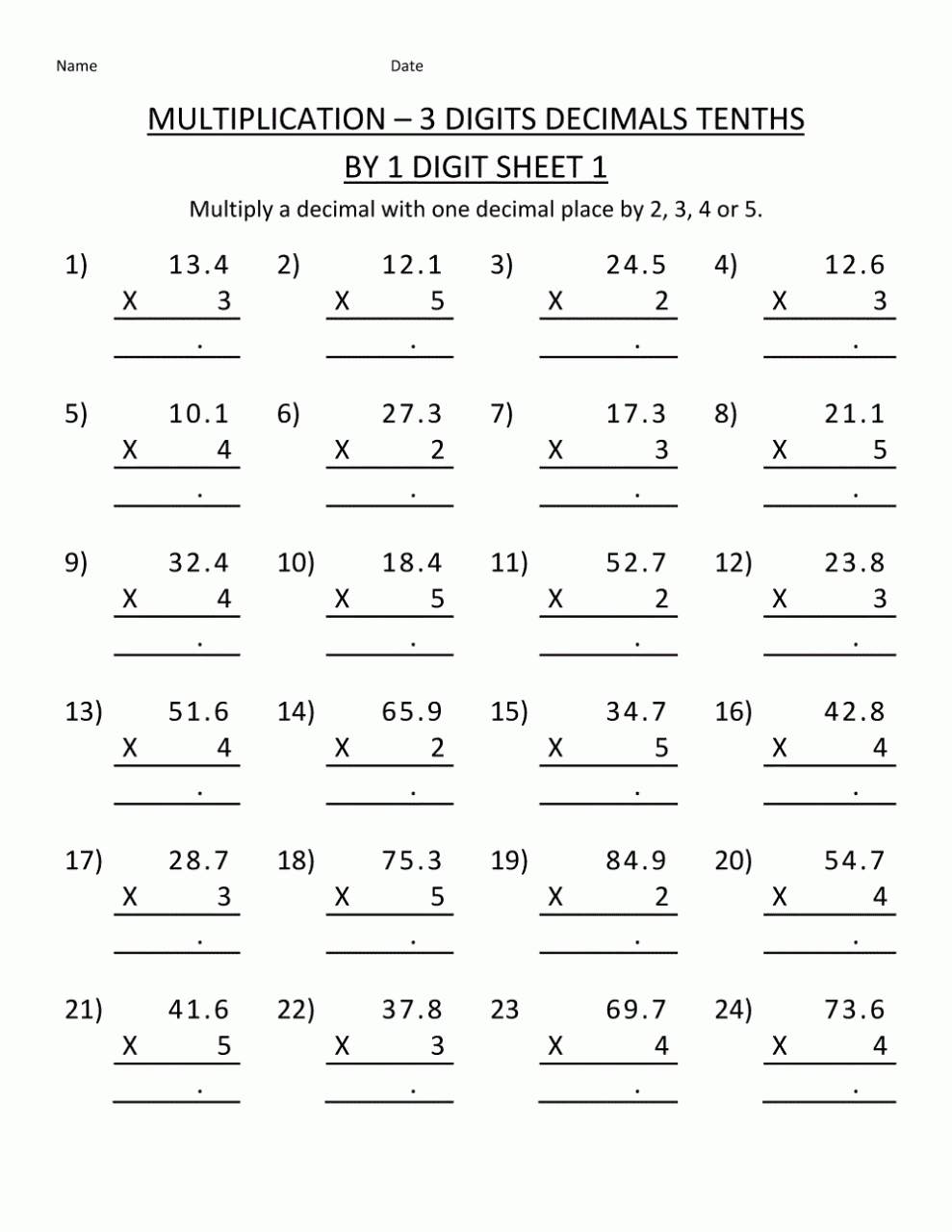 Free Multiplication Worksheets For 5th Grade