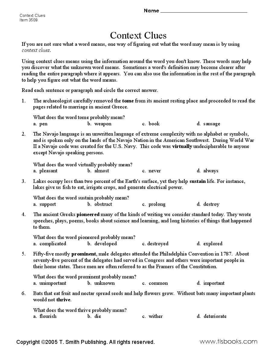 Context Clues Worksheets 7th Grade Multiple Choice