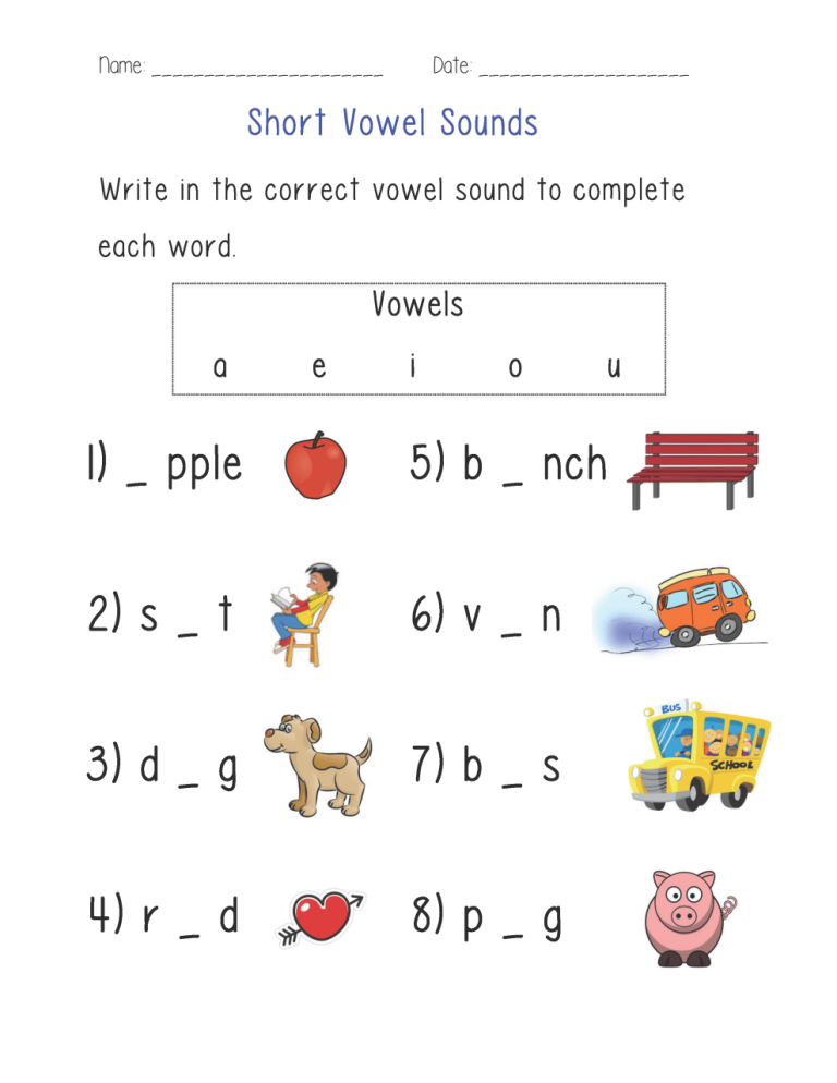 Short Vowel Sounds Worksheets For Grade 3