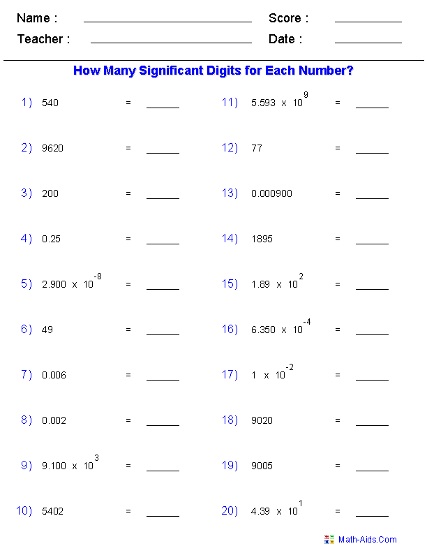 Answer Key Rounding Significant Figures Worksheet