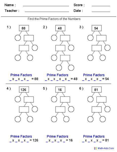 4th Grade Factor Trees Worksheets