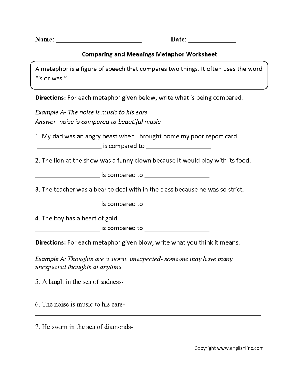 Simile And Metaphor Worksheet 4 Answers