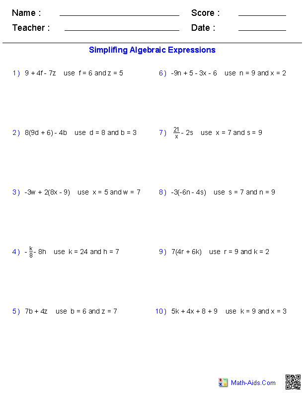 Evaluating Algebraic Expressions Worksheet
