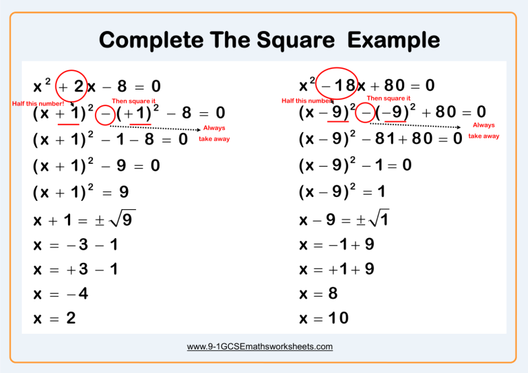 Completing The Square Worksheet Grade 9