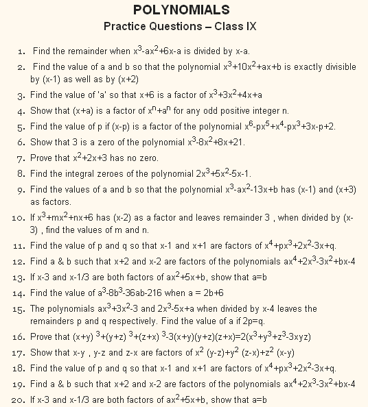 Polynomials Worksheet Class 9