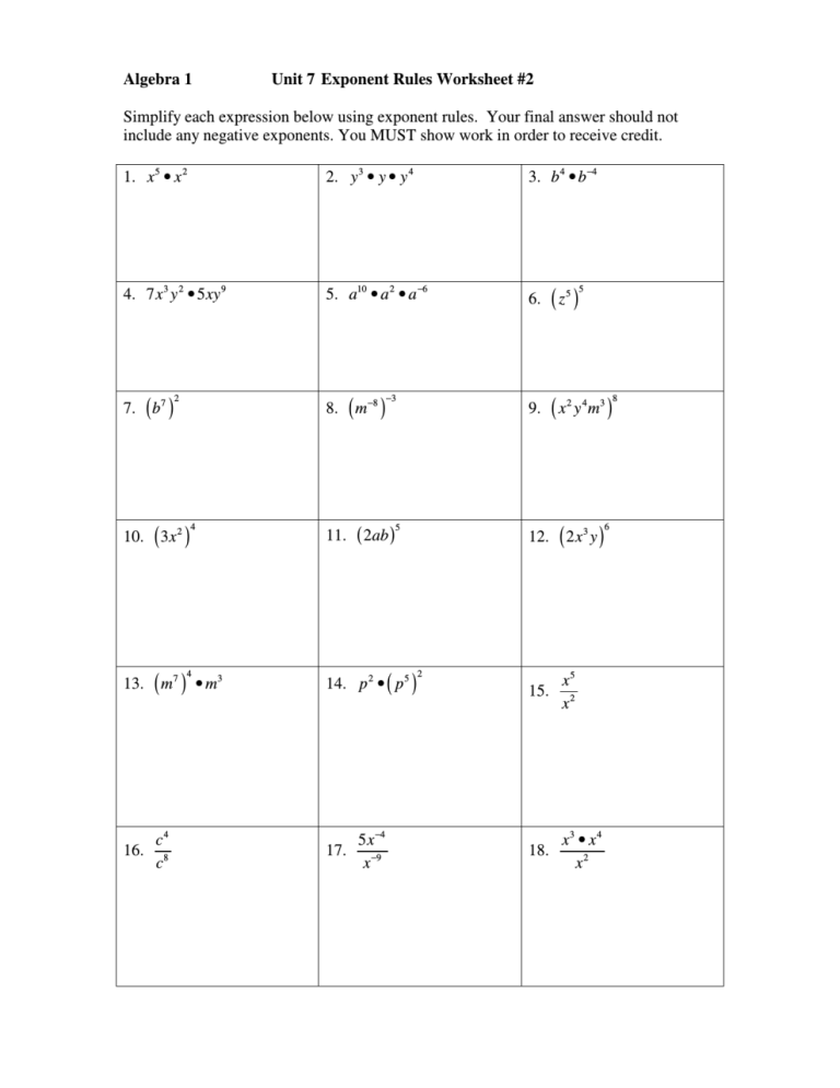 Exponent Rules Worksheet 8th Grade