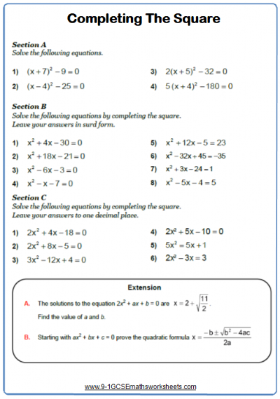 Solving Quadratic Equations Worksheet Gcse