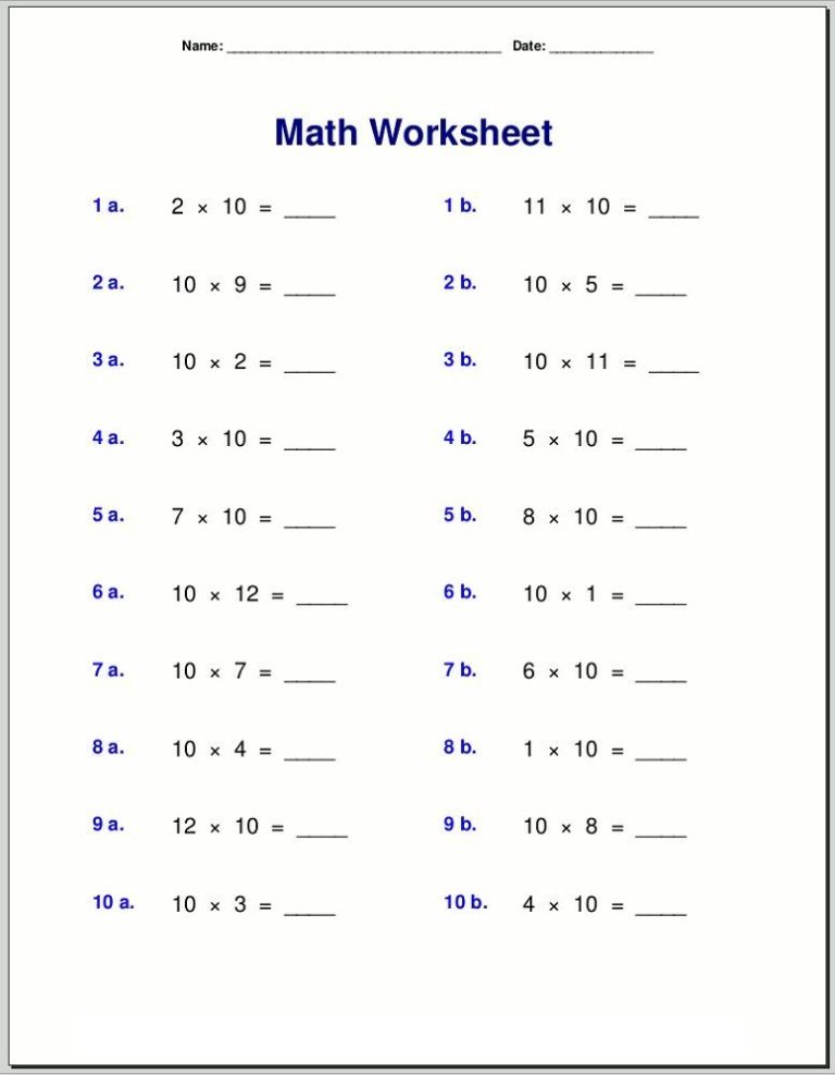 5th Grade Fifth Grade Times Tables Worksheets