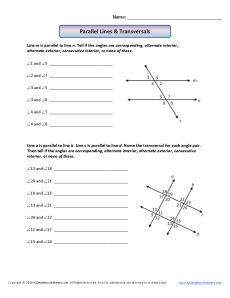 Identifying Angles In Parallel Lines Worksheet