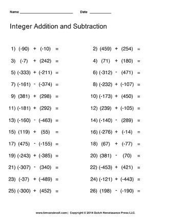 Subtracting Integers Worksheet Grade 8