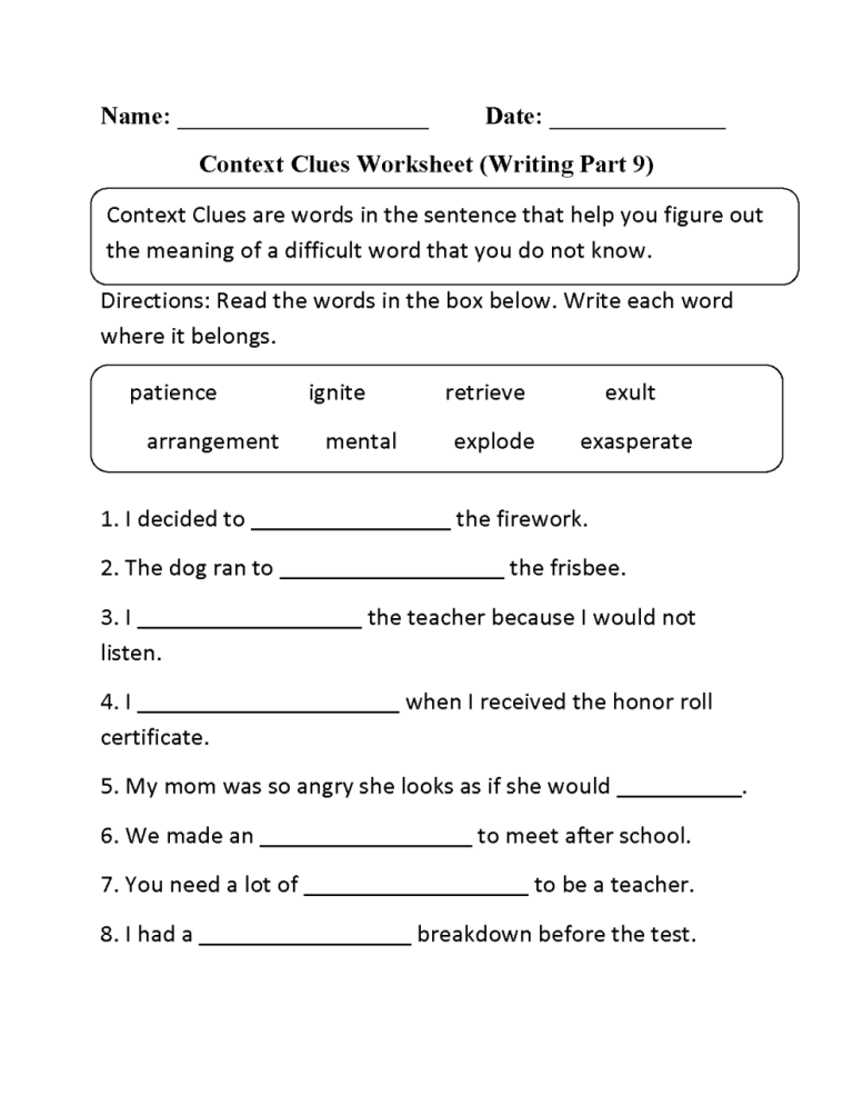 8th Grade Context Clues Worksheets Pdf